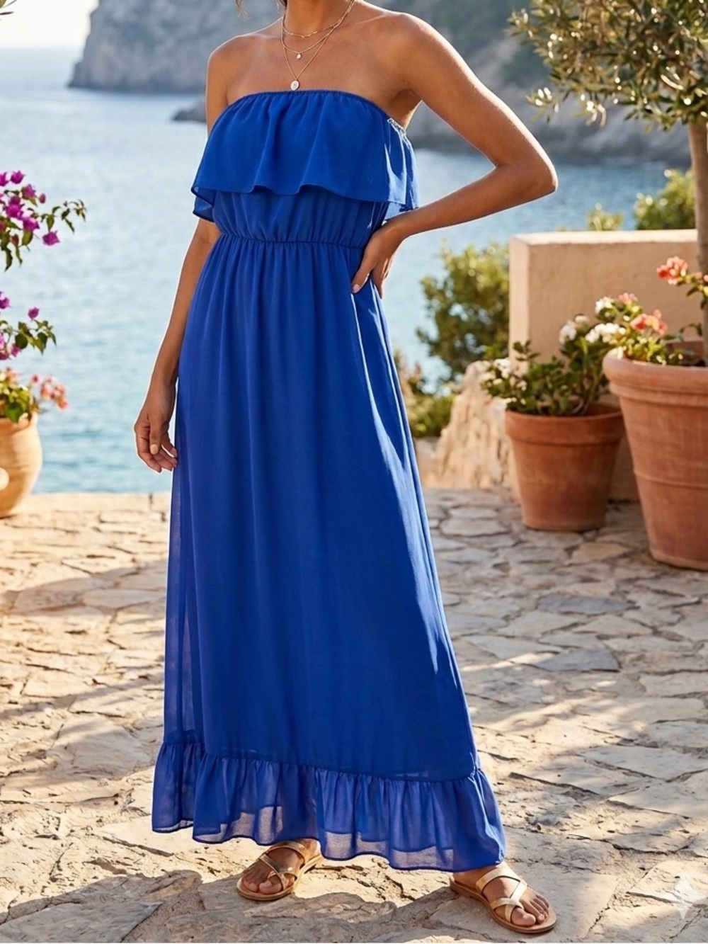 Royal Blue Strapless Ruffled Maxi Dress